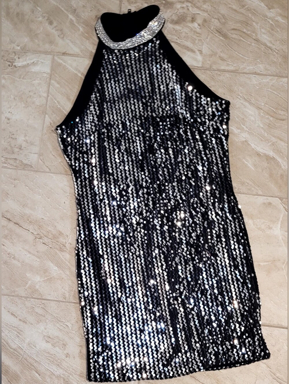 Haute Monde Black Sequin Halter Pencil Skirt with Silver Trim